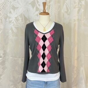 Apt 9 Women's Gray Pink Black Argyle V Neck Long Sleeve Sweater Size L